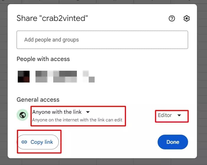 Google Sheet access settings